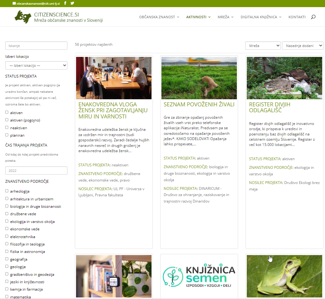 Slika 4: Spletno mesto Mreža občanske znanosti v Sloveniji – predstavitev projektov (vir: CitizenScience.si)