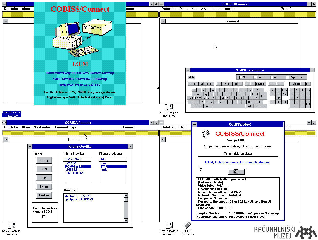 Slika 4: Posnetki zaslona programa COBISS/Connect znotraj okolja Windows 3.1 v emulatorju DOSBox-X (foto: M. Štamcar)