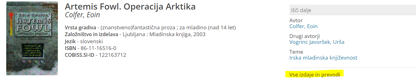 Slika 2: Primer povezave na »Vse izdaje in prevodi« v COBISS+ (z dne 19. 9. 2024)