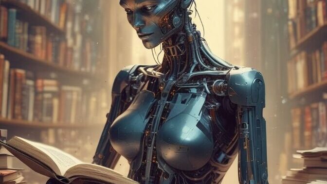 A robot sitting at a table with books Description automatically generated