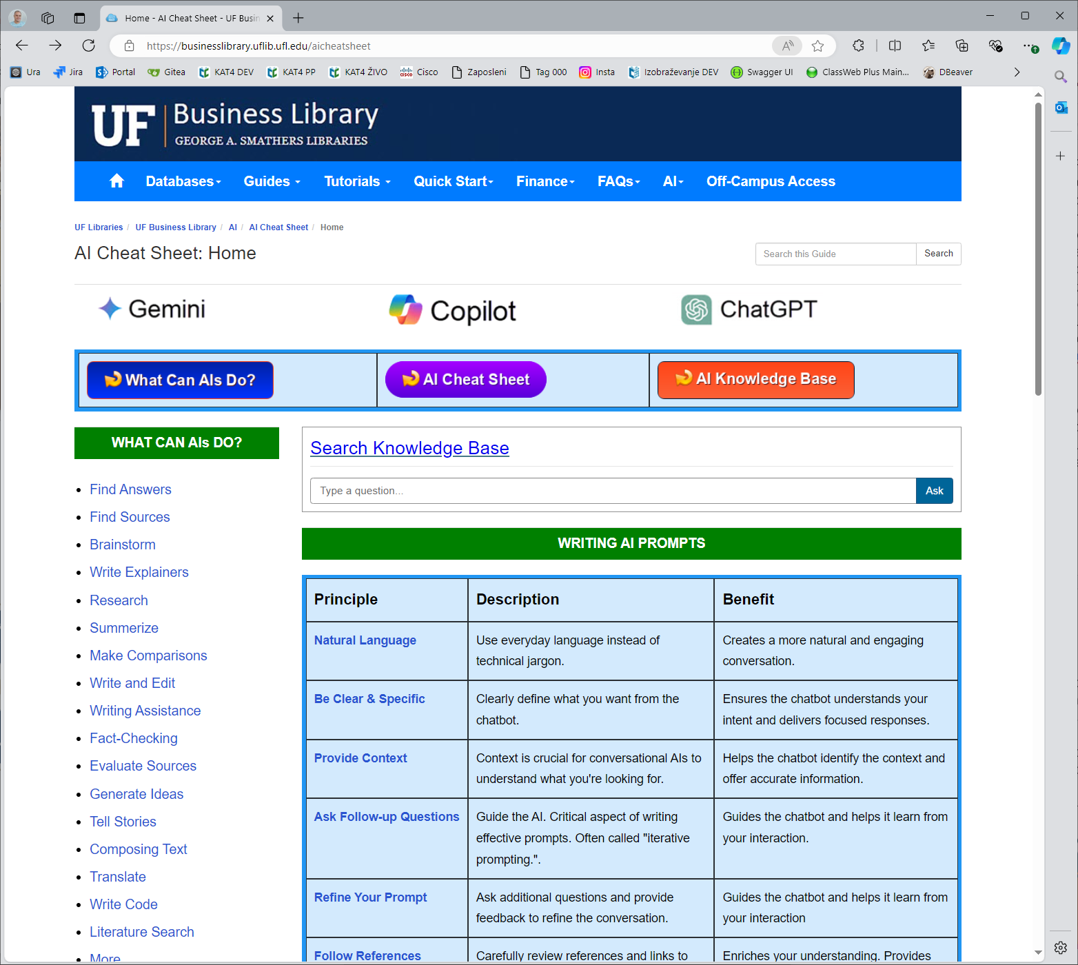 Slika 2: Baza znanja v sistemu univerzitetnih knjižnic George A. Smathers Libraries (vir: https://businesslibrary.uflib.ufl.edu/aicheatsheet)