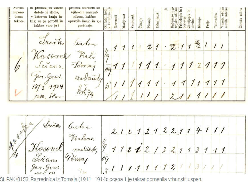 Ocene iz redovalnice (vir: https://primorske.svet24.si/plus/na-valovih-znanja/ocene-pred-poezijo-kaj-razkrivajo-solske-razrednice-kosovela-in-ketteja/)