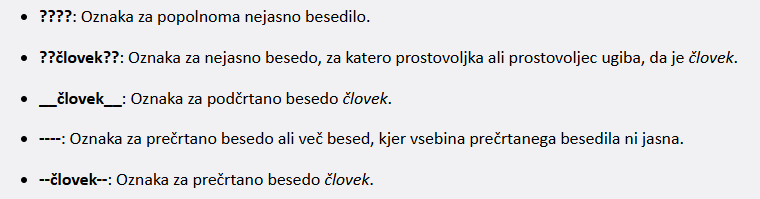 Dogovorjene oznake pri prepisu (vir: https://www.dlib.si/static/kosovel/kosovel.html)
