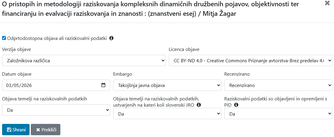 Slika 3: Podatki o odprtodostopnih objavah ali raziskovalnih podatkih
