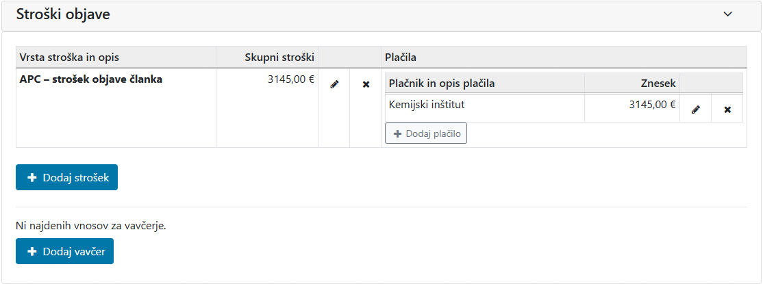 Slika 5: Vnos podatkov o stroških odprtodostopne objave