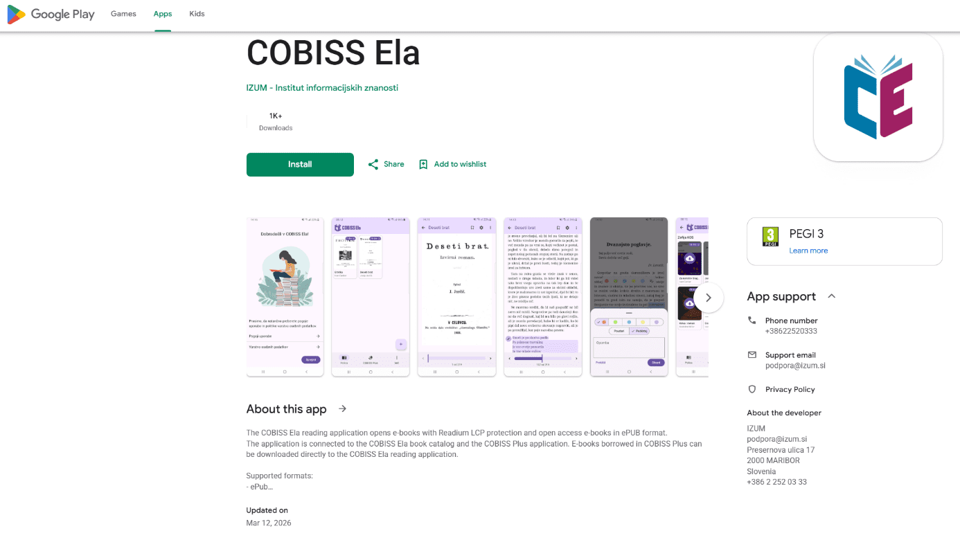 Aplikacija COBISS Ela na Google Play (vir: zajem zaslona, 15. 4. 2026)