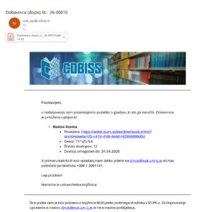 COBISS Dex – elektronsko sporočilo uporabniku (vir: zajem zaslona, 6. 5. 2026)